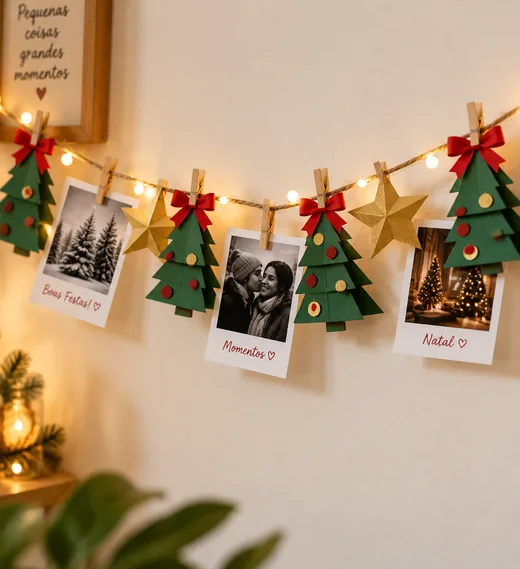 Varal na parede com árvores de Natal recortadas em papel kraft intercaladas com fotografias presas por prendedores