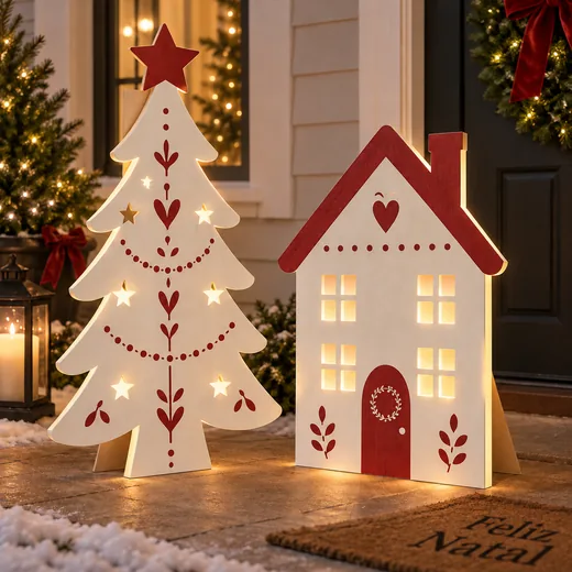 Pequenas casinhas brancas com telhado vermelho sobre presentes embrulhados, ao lado de um rolo de barbante, sob a árvore de Natal