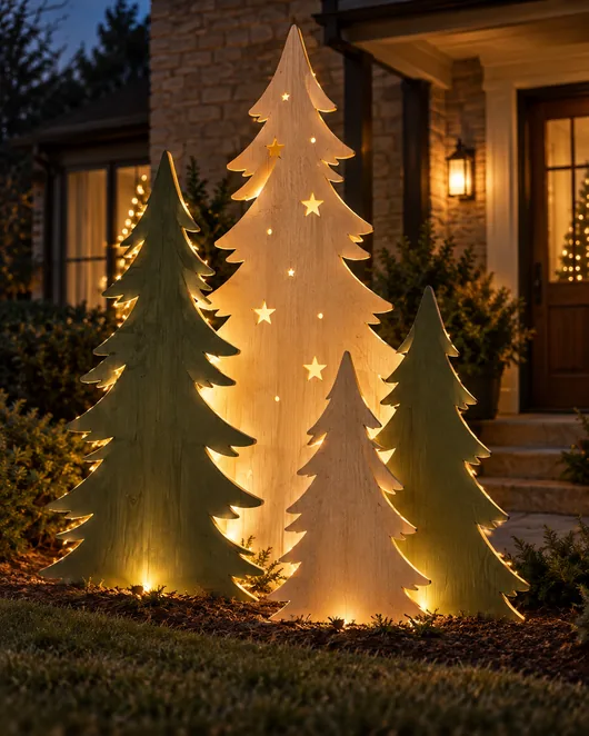 Árvore de Natal montada com camadas de papelão em formato de triângulo, decorada com pequenas estrelas, sob um varal de luzes
