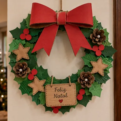 Guirlanda com base de papelão envolvida por fios coloridos e decorada com pompons em tons de rosa, verde e vermelho