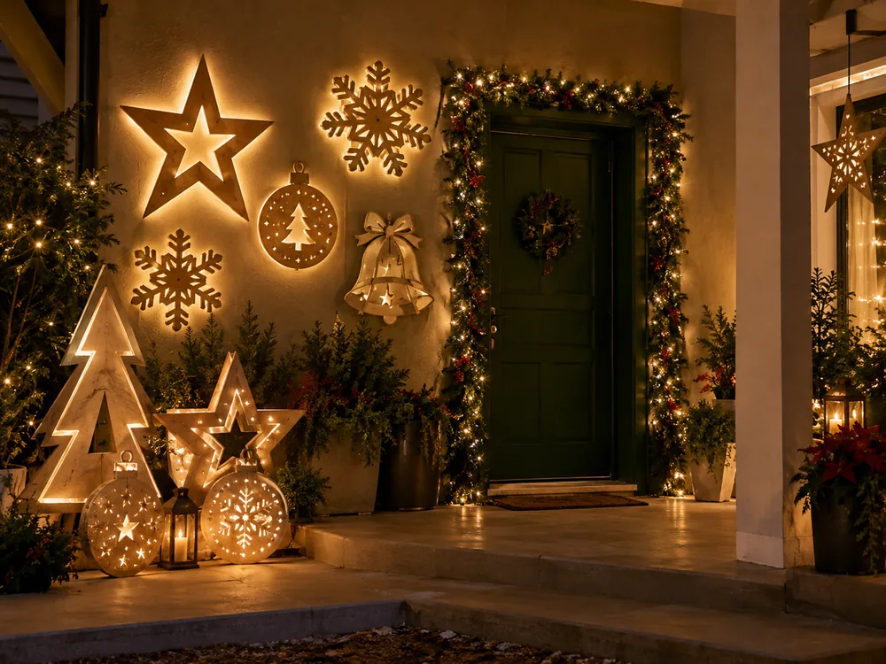 Mãos segurando uma grande estrela tridimensional feita com peças de papelão ondulado encaixadas