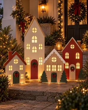 Casinha de papelão com glitter verde-água e janelas iluminadas