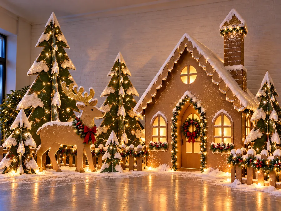 As mesmas casinhas finalizadas com glitter e neve, montadas em um cenário noturno com árvores e janelas iluminadas
