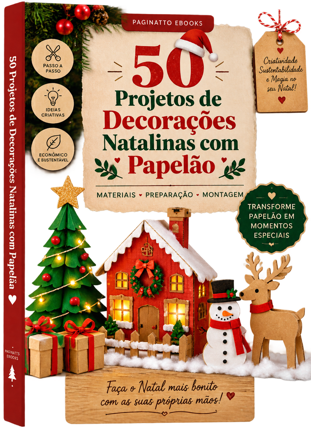 Capa do e-book 50 Projetos de Decorações Natalinas com Papelão, com casinha, árvore, boneco de neve e rena feitos de papelão